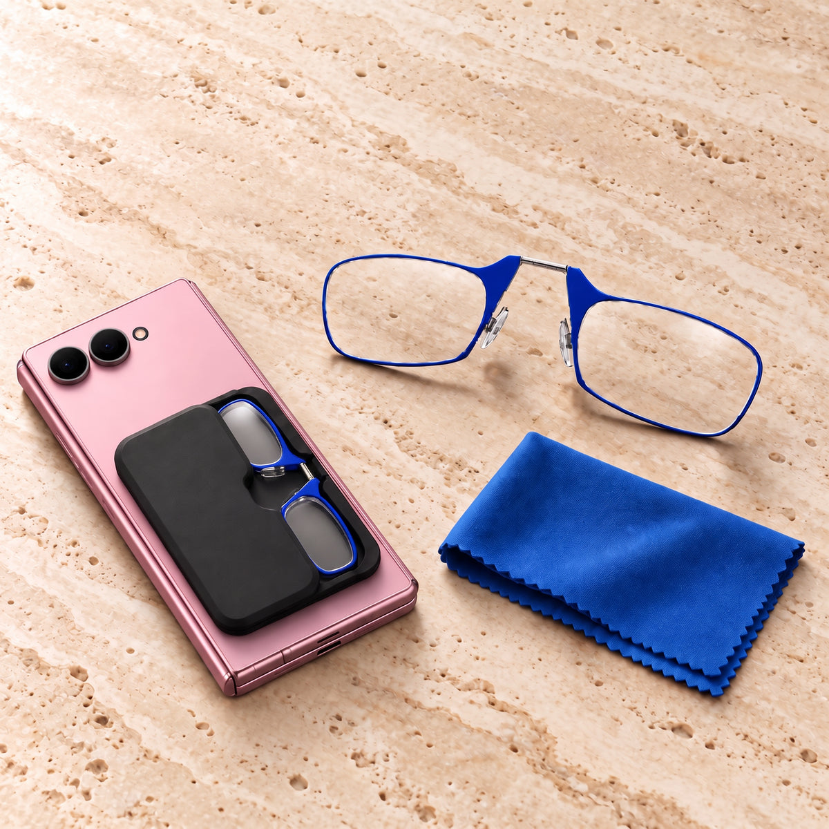 PocketView – 3-in-1 faltbare Blaulichtfilter-Lesebrille mit magnetischem Smartphone-Etui