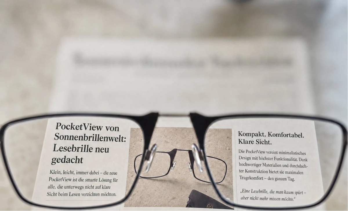Frau setzt PocketView auf und kleine Schrift wird klar lesbar