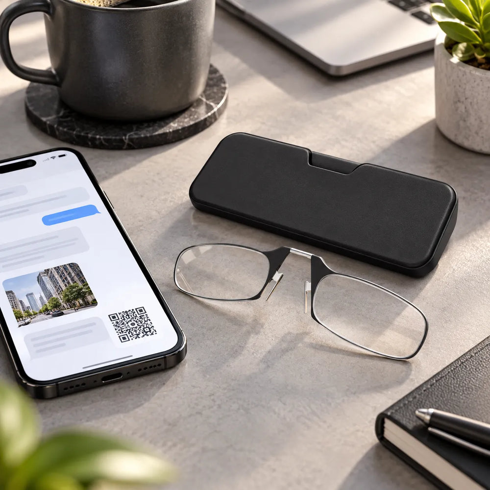 Lesebrille am Smartphone